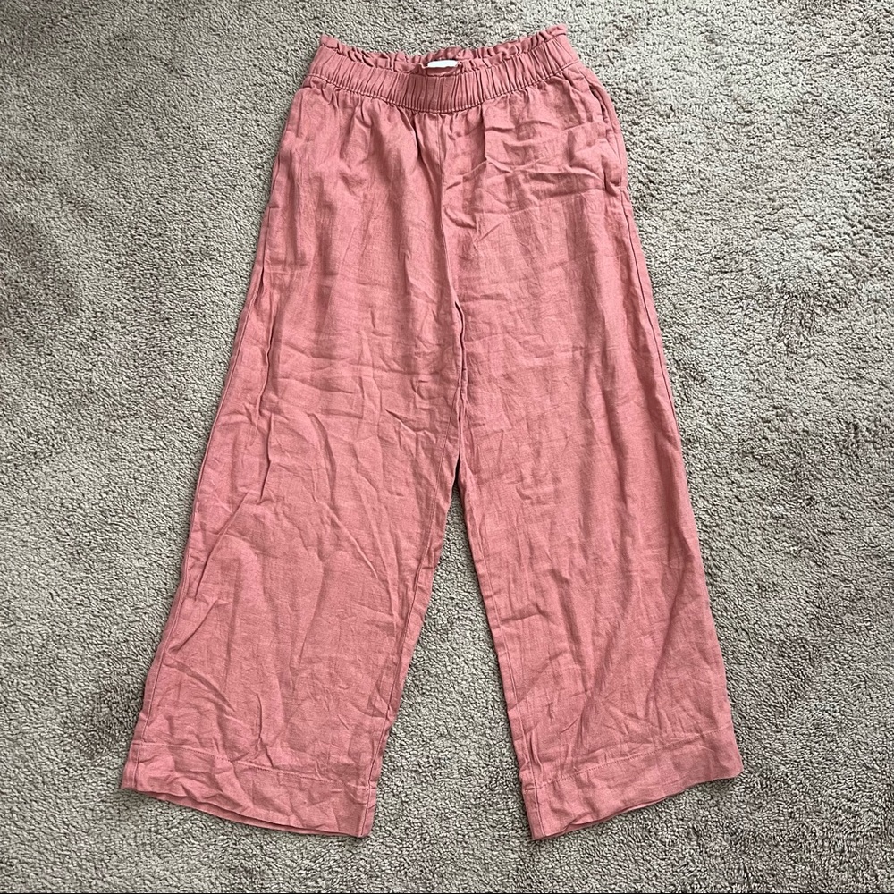 Abercrombie & Fitch Cropped Wide-Leg Pink Linen Blend Pants